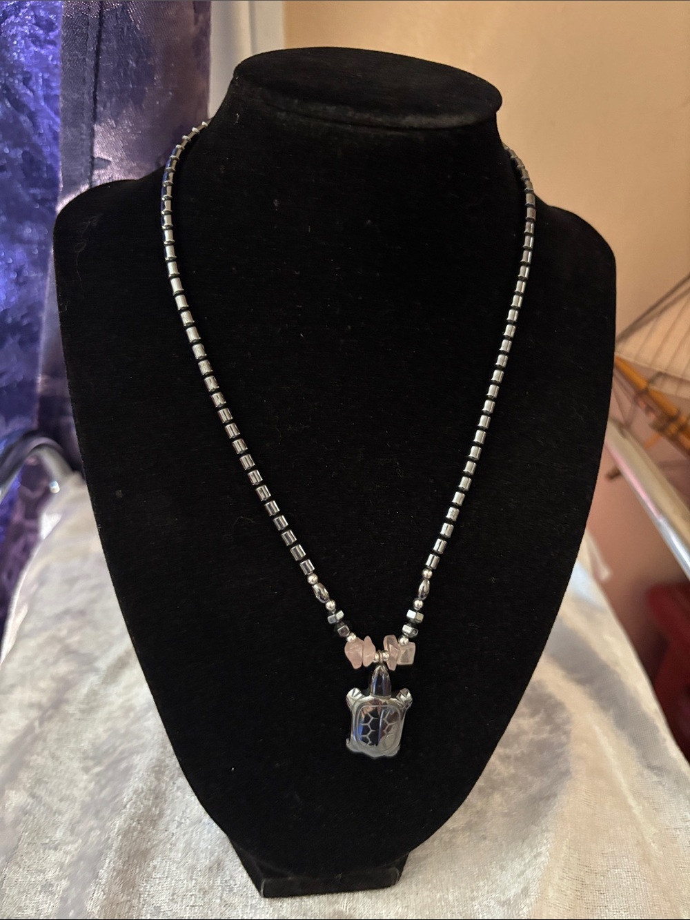 Black Hematite Bead Necklace with Rose Quartz Accents